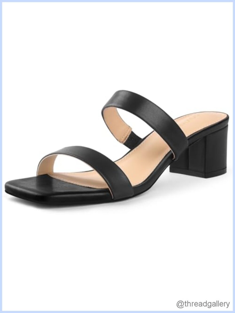 Two Strap Square Toe Low Block Heel Sandals